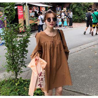 Buttoned-neckline Shirred Mini Shift Dress