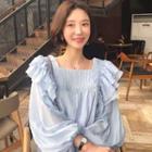 Plain Puff-sleeve Square-neck Scallop-edge Blouse