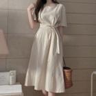 Tie-waist Elbow-sleeve Midi A-line Linen Dress