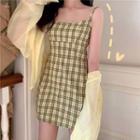 Spaghetti Strap Plaid Mini Sheath Dress / Sheer Buttoned Jacket