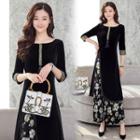 Set: Velvet 3/4-sleeve A-line Dress + Floral Print Wide Leg Pants