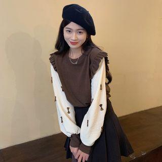 Round-neck Mock Two Piece Two Tone Bow Knit Top