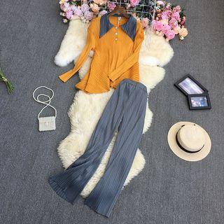 Set: Two-tone Blouse + Wide Leg Pants