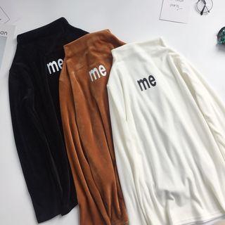 Long-sleeve Mock Neck Lettering Velvet Top