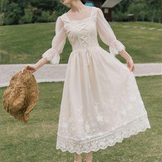 3/4-sleeve Mesh Lace-up A-line Midi Dress