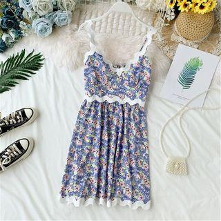 V-neck Floral Print Sleeveless Dress Blue - One Size