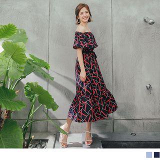 Patterned Ruffle Trim Off-shoulder Midi Dress