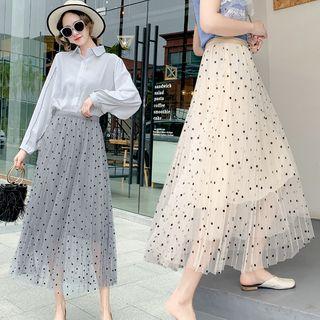 Polka Dot Mesh Overlay A-line Maxi Skirt