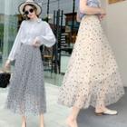 Polka Dot Mesh Overlay A-line Maxi Skirt