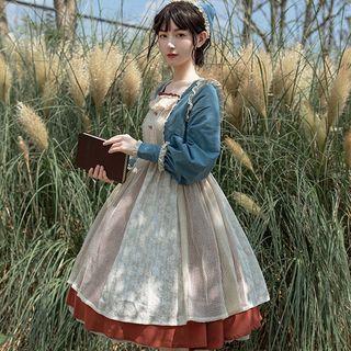 Set: Long-sleeve Mock Two-piece Midi A-line Dress + Head Piece