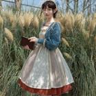 Set: Long-sleeve Mock Two-piece Midi A-line Dress + Head Piece