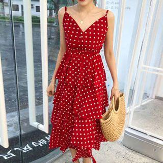 Dotted Midi Spaghetti Strap A-line Dress