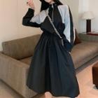 Long-sleeve Mock-neck Color Block A-line Midi Dress Black - One Size