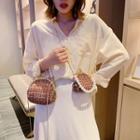 Faux Pearl Strap Tweed Crossbody Bag