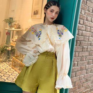Flower Embroidered Collared Bell-sleeve Blouse As Shown In Figure - One Size