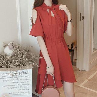 Tie-neck Cold-shoulder A-line Chiffon Dress