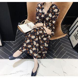 3/4-sleeve Pattern Long Shirtdress