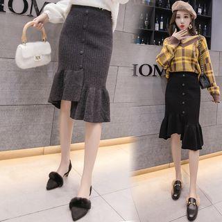 Asymmetric Ruffle Hem Rib Knit Midi Skirt
