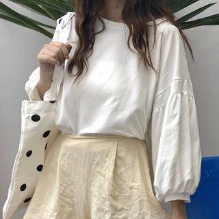 Plain Crewneck Puff-sleeve Top
