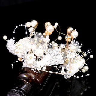 Wedding Set: Faux Pearl Tiara + Bow Hair Clip White - One Size