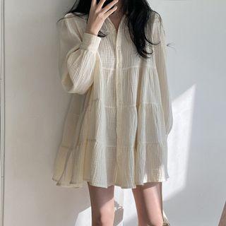 Long-sleeve Shirred Button-up Mini A-line Dress