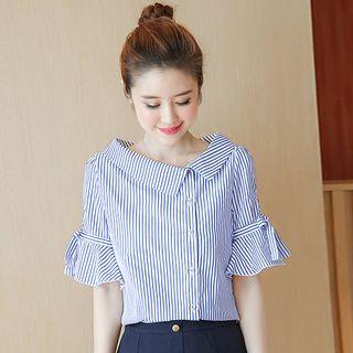 Set: Pinstripe Elbow-sleeve Blouse + Mini Skirt