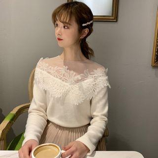 Long-sleeve Mesh Lace Knit Top