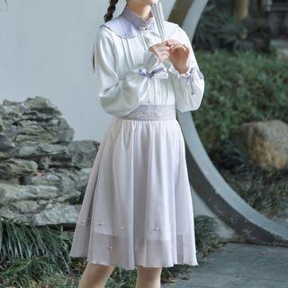 Long-sleeve Chiffon Blouse / Chiffon A-line Skirt