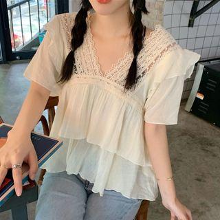Ruffled Chiffon Short-sleeve Top Almond - One Size
