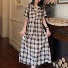 Short-sleeve Plaid Midi A-line Dress Plaid - Black & Beige - One Size