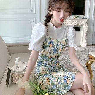 Set: Puff-sleeve Top + Floral Print Mini A-line Overall Dress