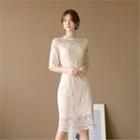Scallop-edge H-line Midi Lace Dress
