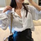 Long-sleeve Striped Shirt / Faux Leather Asymmetric Mini Skirt