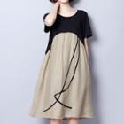 Color Block Short-sleeve A-line Midi Dress
