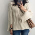 Turtle-neck Slit-sleeve Cable-knit Top