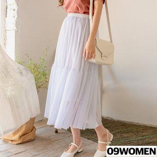 Plus Size Tiered-hem Long Tulle Skirt
