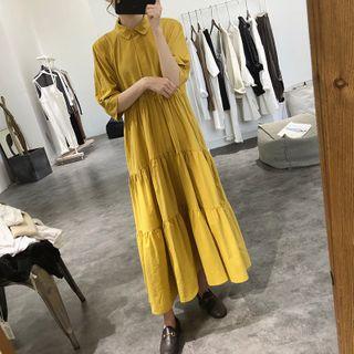 Elbow-sleeve A-line Tiered Maxi Dress