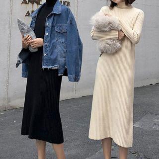 Long-sleeve Plain Knit Shift Dress