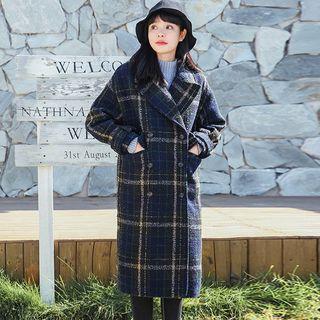 Double-breasted Gingham Woolen Long Coat