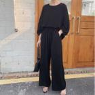 Set: Lantern-sleeve Plain T-shirt + High-waist Drawstring Wide-leg Pants