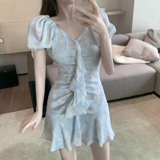 Puff-sleeve Ruffle Trim Shirred Sheath Dress