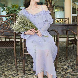 Ruffle Trim Long Sleeve Chiffon Dress