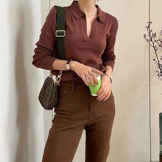 Long-sleeve Open Collar Knit Top
