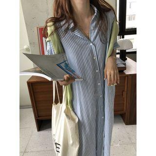 Elbow-sleeve Striped Midi Shirtdress Stripe - One Size
