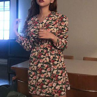 Long-sleeve Floral-print Mini A-line Dress