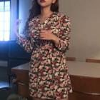 Long-sleeve Floral-print Mini A-line Dress