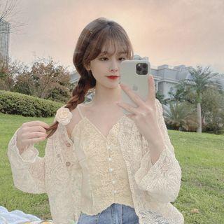 Lace Cardigan + Lace Panel Camisole Top