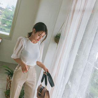 Chiffon Puff-sleeve Rib-knit Top