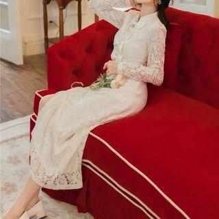 Long-sleeve Slit Lace Midi A-line Dress