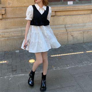 Puff-sleeve Tiered A-line Mini Shirtdress / Frill Trim Vest